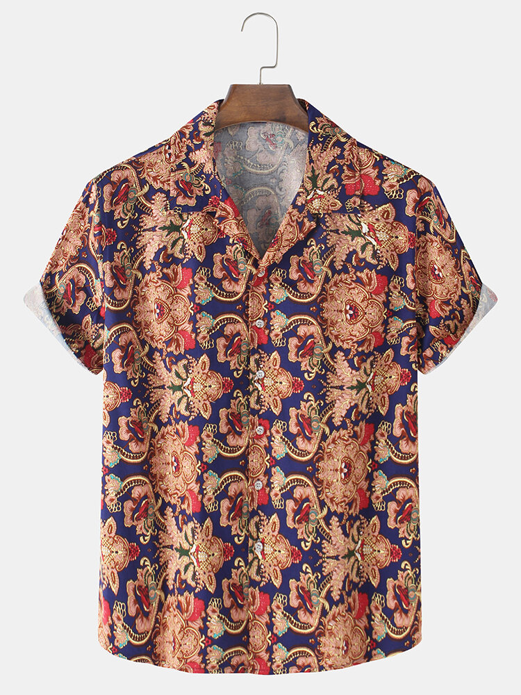 Mens Cotton Baroque Print Breathable Light Casual Short Sleeve Shirts