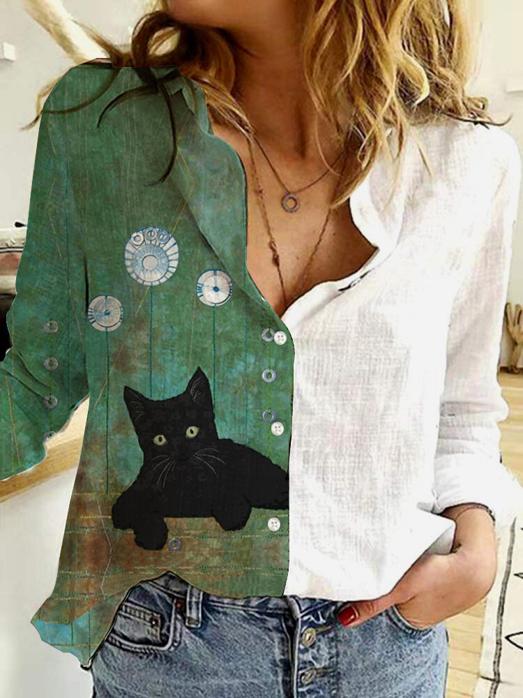 Cartoon Cat Print Patchwork Long Sleeve Casual Shirt For Women