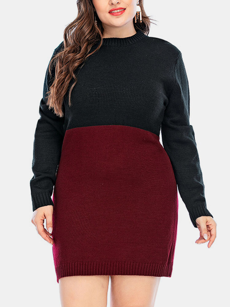 Plus Size Contrast Color Round Neck Casual Sweater Dress