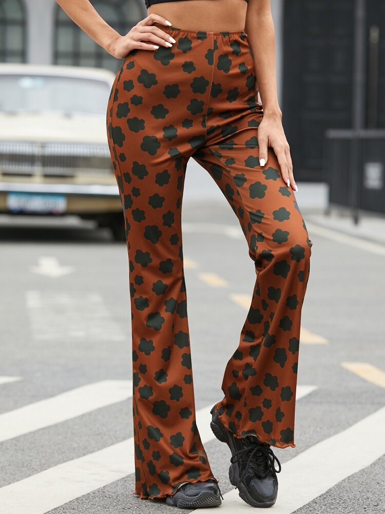 Floral Print High Waist Casual Flared Pants For Women