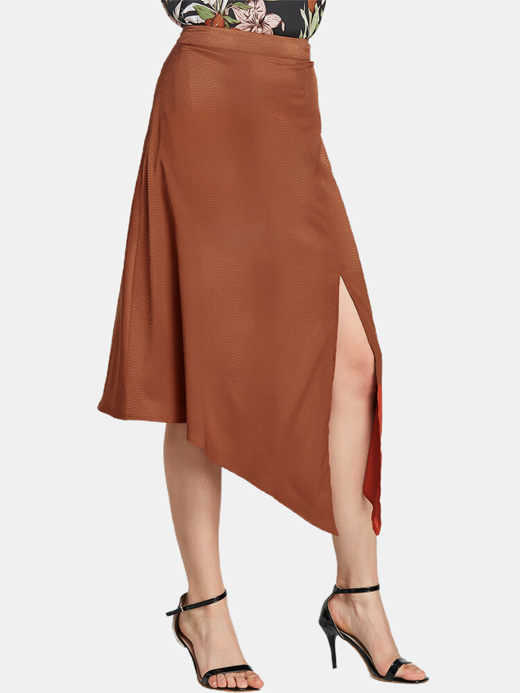 

Solid Color Plain Slit Asymmetrical Casual Skirt for Women, Rust red