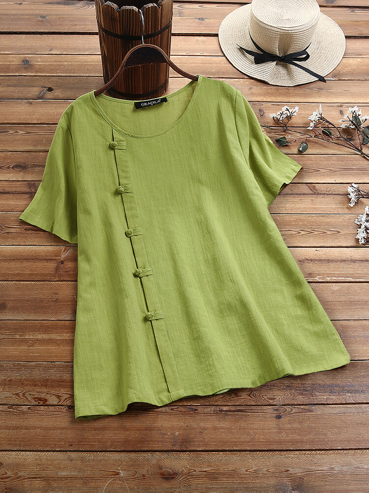 Solid Color Frog Button Short Sleeve T-shirt For Women
