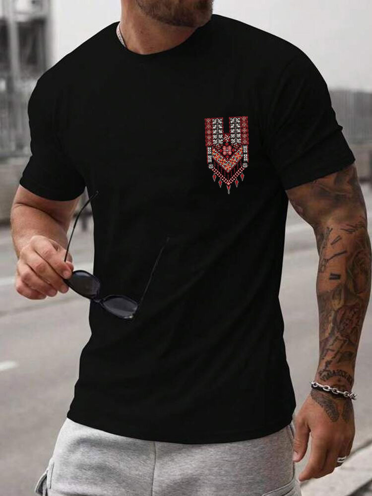 Camisetas masculinas étnicas geométricas com estampa de totem, gola redonda, manga curta, inverno