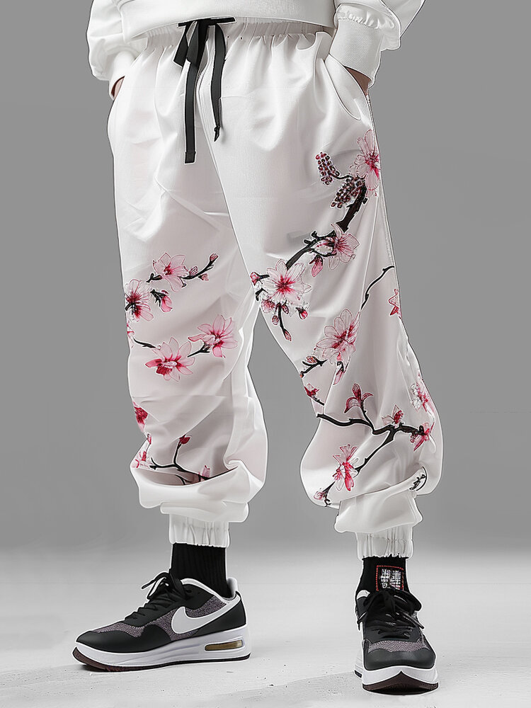 Mens Japanese Floral Print Drawstring Waist Loose Elastic Cuff Pants