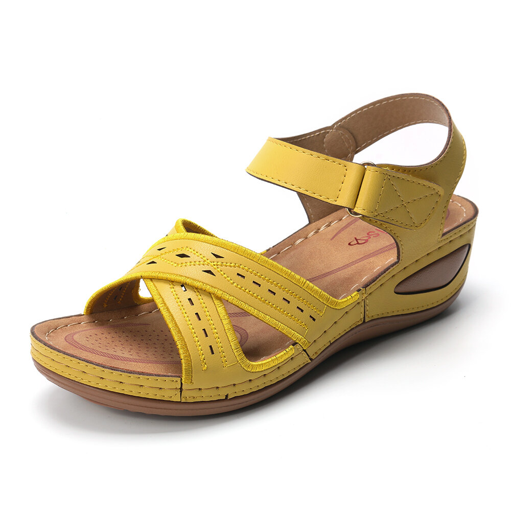 LOSTISY Stitching Cross Strap Hook Loop Lightweight Summer Casual Sandals