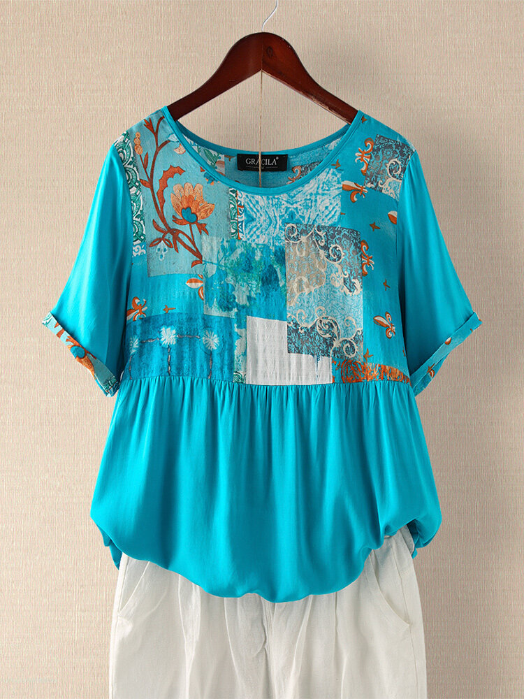 Print Patched Short Sleeve Asymmetrical T-shirt For Women