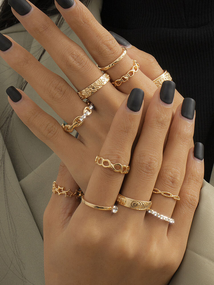 11 Pcs/Set Trendy Personality Hollow Geometric Chain Shape Inlaid Rhinestones Carved Alloy Rings