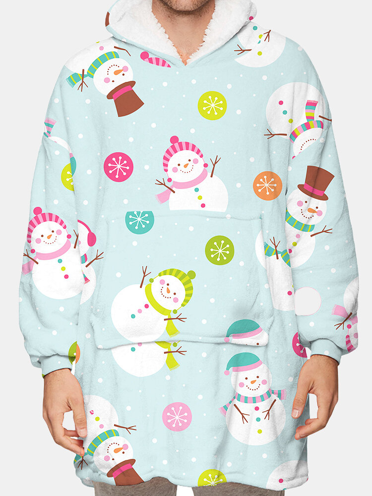Two-sided Wearable Blanket Hoodies Cartoon Snowman Print Home Comfy Loungewear Men Christmas Onesie Hoodies