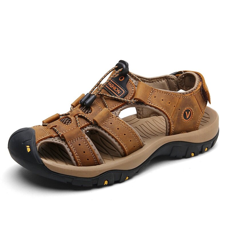 Large Size Men Anti-collision Toe Outdoor Slip Resistant Leather Hiking Sandals