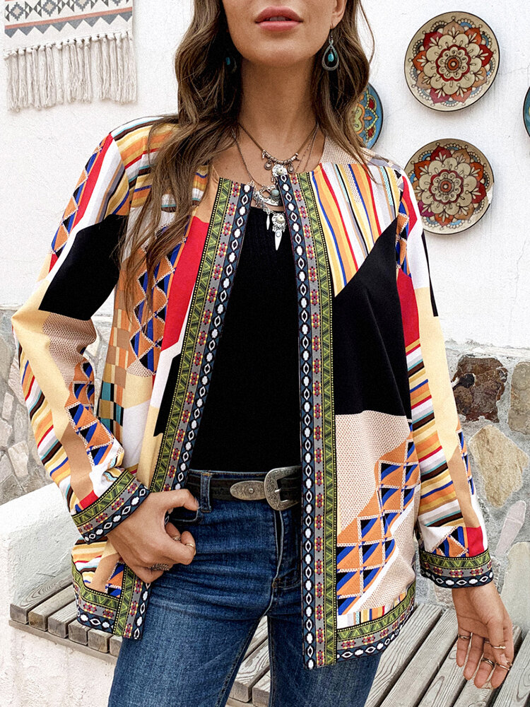 Geometric Ethnic Print Patchwork Long Sleeve Vintage Jacket For Women