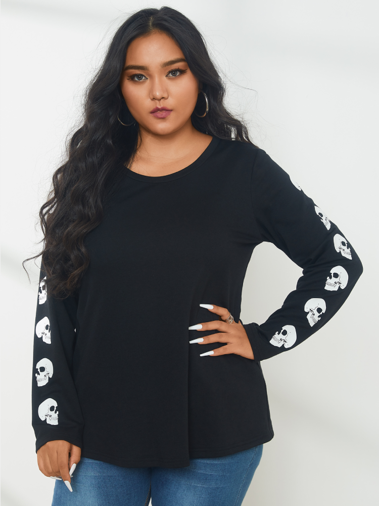 Casual Print O-neck Long Sleeve Plus Size T-shirt for Women