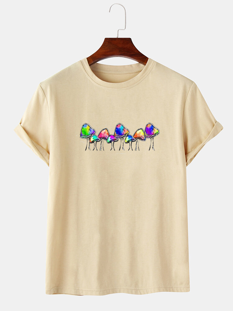 Mens Multi Color Mushroom Print O-Neck Community Spirit Short Sleeve T-Shirts
