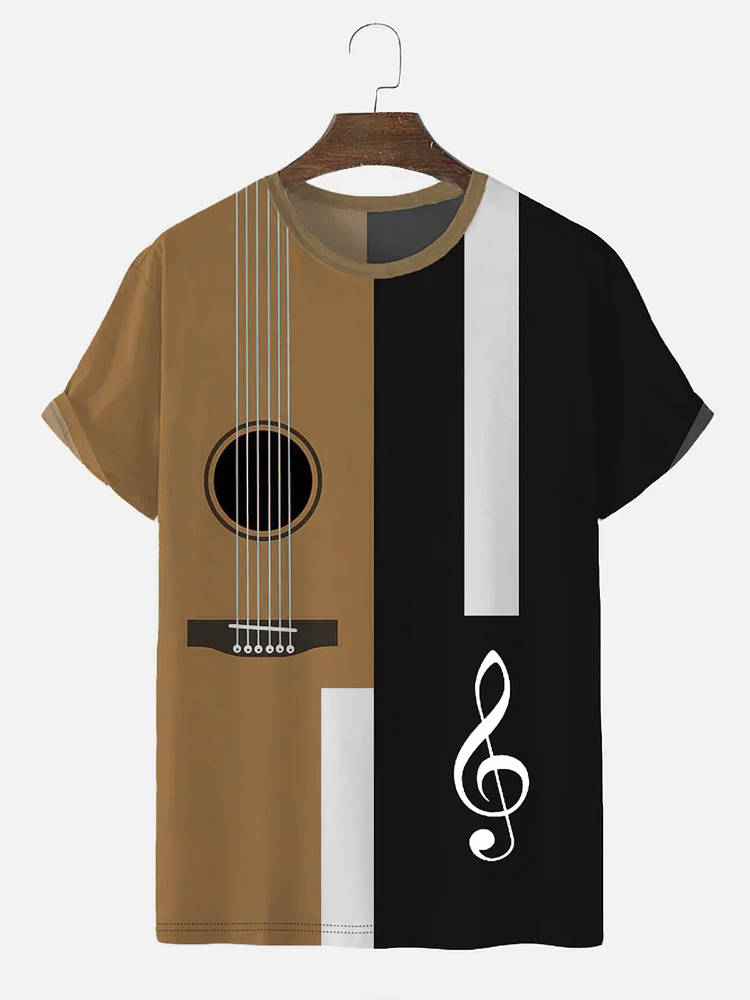 Camisetas masculinas com estampa de símbolo musical patchwork gola redonda manga curta
