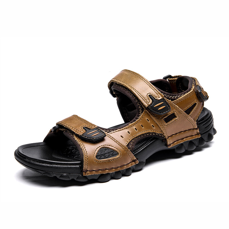 Men Double Hook Loop Outdoor Slip Resistant Comfy Leather Sandals