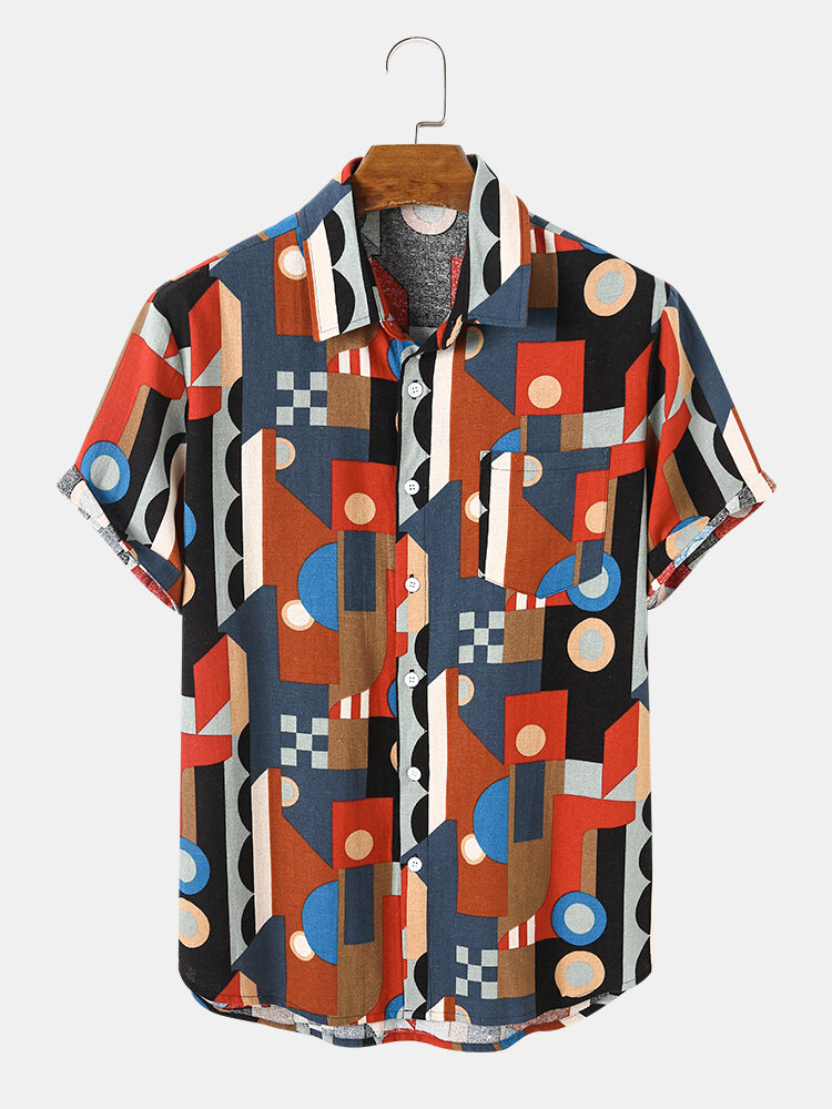 Mens Colorful Geometric Print Lapel Casual Short Sleeve Shirts