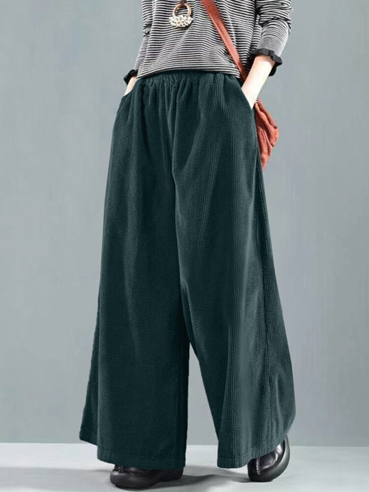 Corduroy Solid Color Elastic Waist Pocket Wide Leg Loose Pants