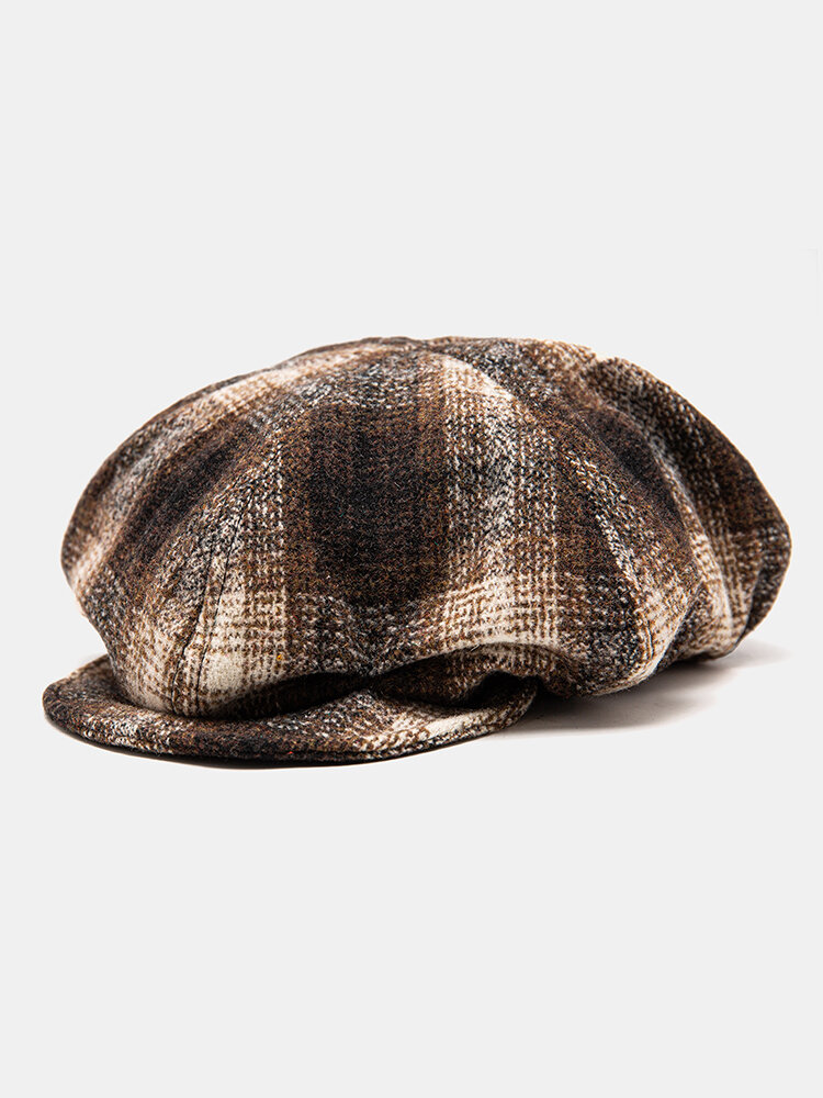 Men Cotton Vintage Color-match Lattice Casual Warmth Painter Hat Octagonal Hat Beret