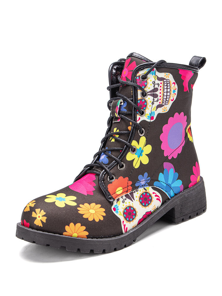 Women Halloween Style Skull Printing Canvas Lace-up Short Combat Boots