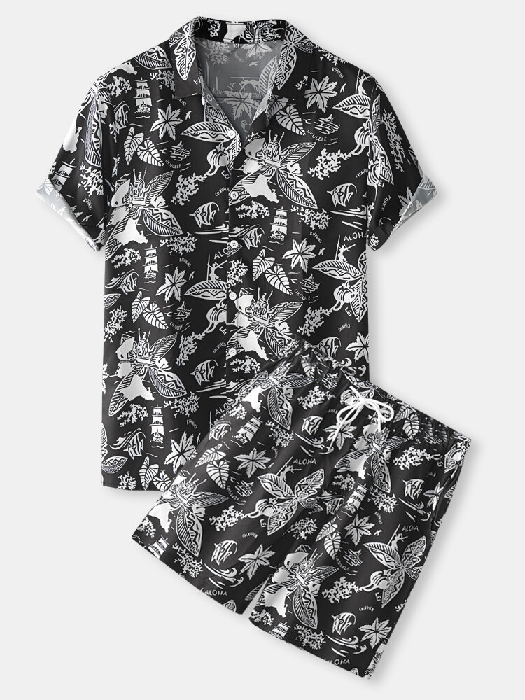 Mens Monochrome Maple Leaf Print Button Up Holiday Two Pieces Outfits