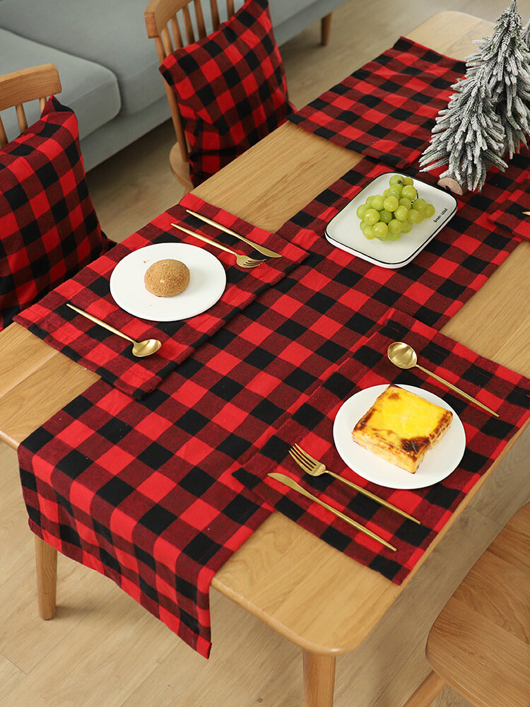 

1Pc Christmas Decoration Supplies Lattice Cloth Placemat Table Knife And Fork Plate Placemat Lattice Tablecloth, Red