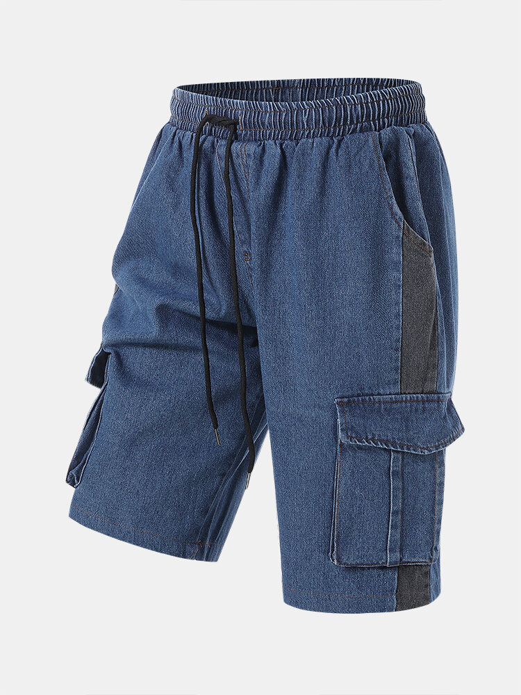 Men Denim Side Striped Multi Pockets Shorts Drawstring Calf Length All Matched Pants