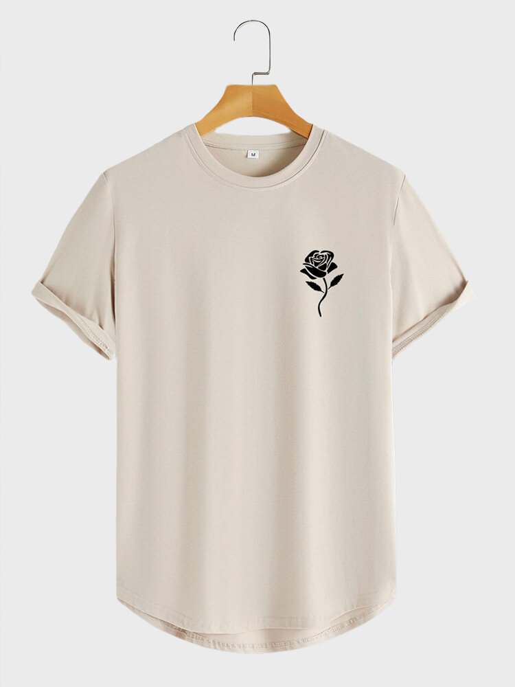 Camisetas informales de manga corta con dobladillo curvado y estampado de rosas para hombre