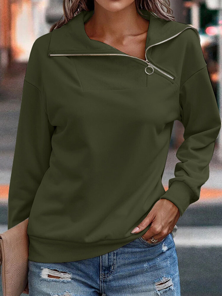 Women Solid Irregular Zip Neck Long Sleeve Pullover Sweatshirt