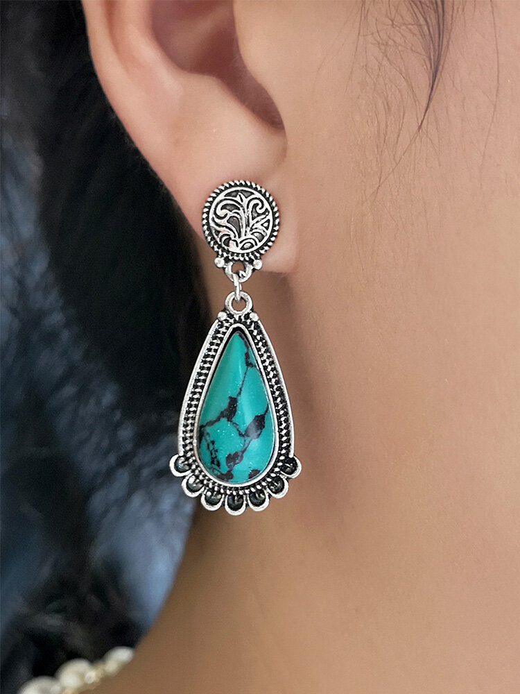 Vintage Ethnic Carved Drop-shape Alloy Turquoise S925 Earrings