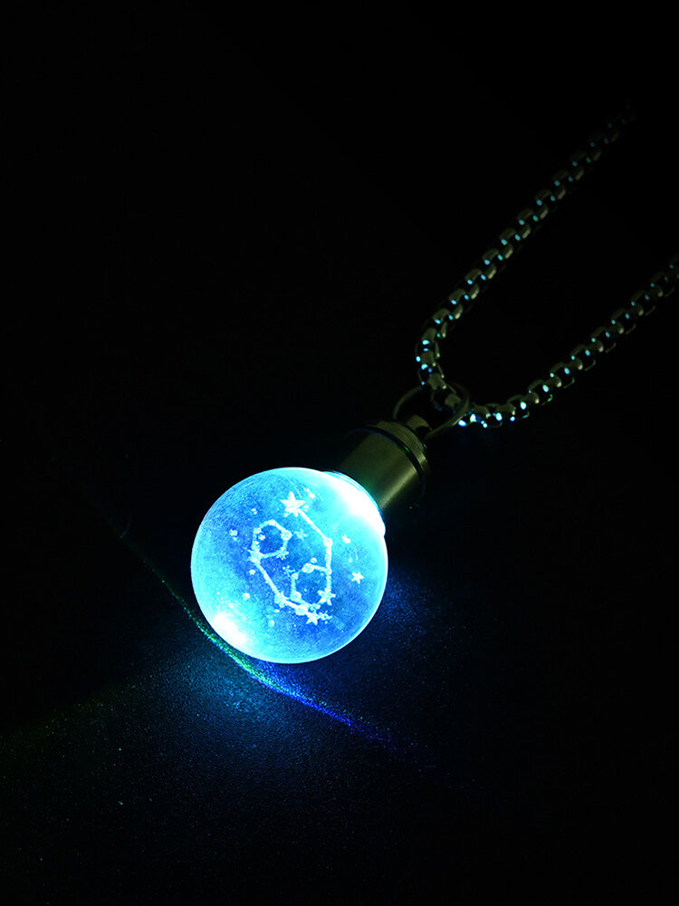 Trendy Spherical-shaped Twelve Constellation Luminous Pendant Glass Stainless Steel Necklace