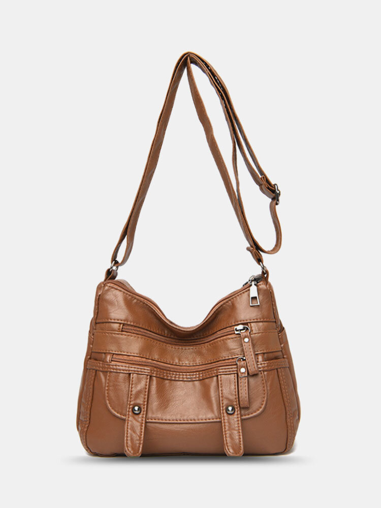 Women Vintage Multi-pocket PU Leather Soft Crossbody Bag Shoulder Bag