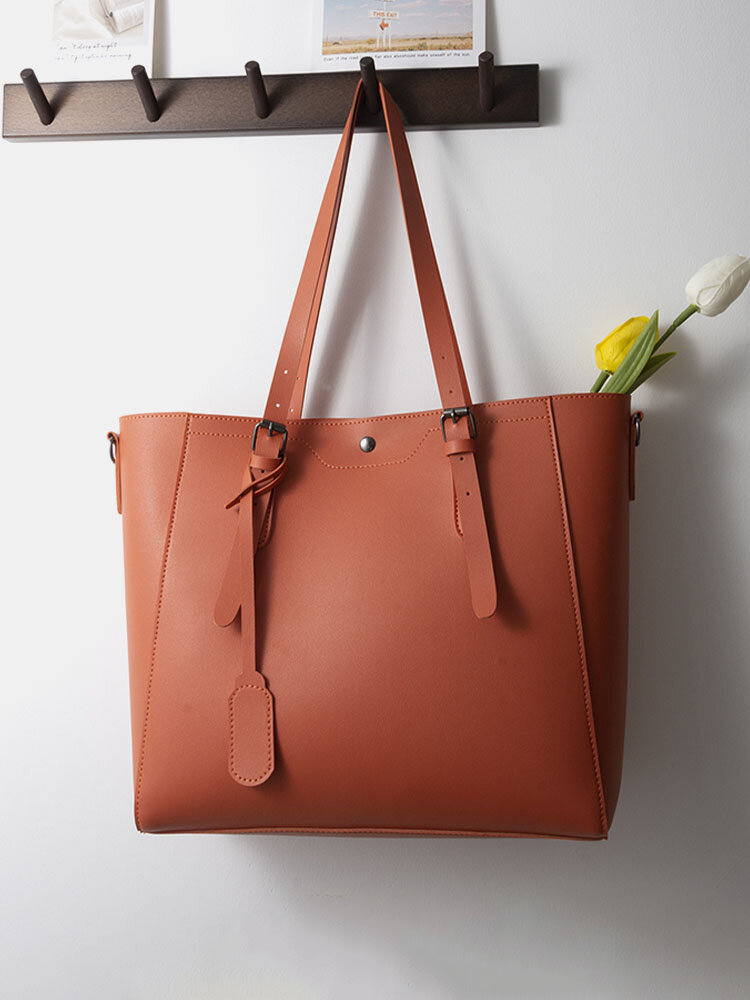 Women Vintage Large Capacity Solid Color Faux Leather Handbag Brief Tote