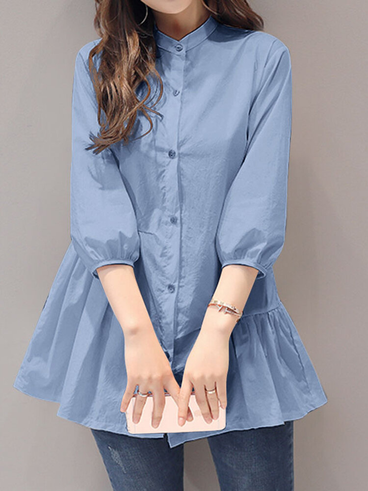 Solid Button Front A-line Stand Collar 3/4 Sleeve Blouse