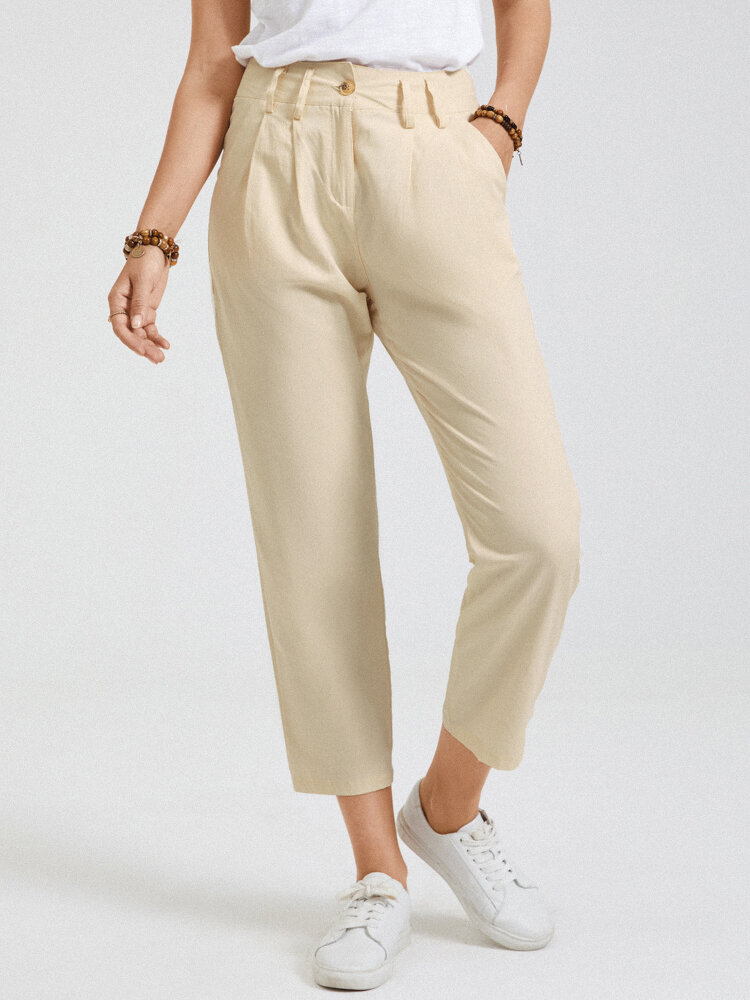 Solid Color Plain Pocket Button Casual Pants For Women