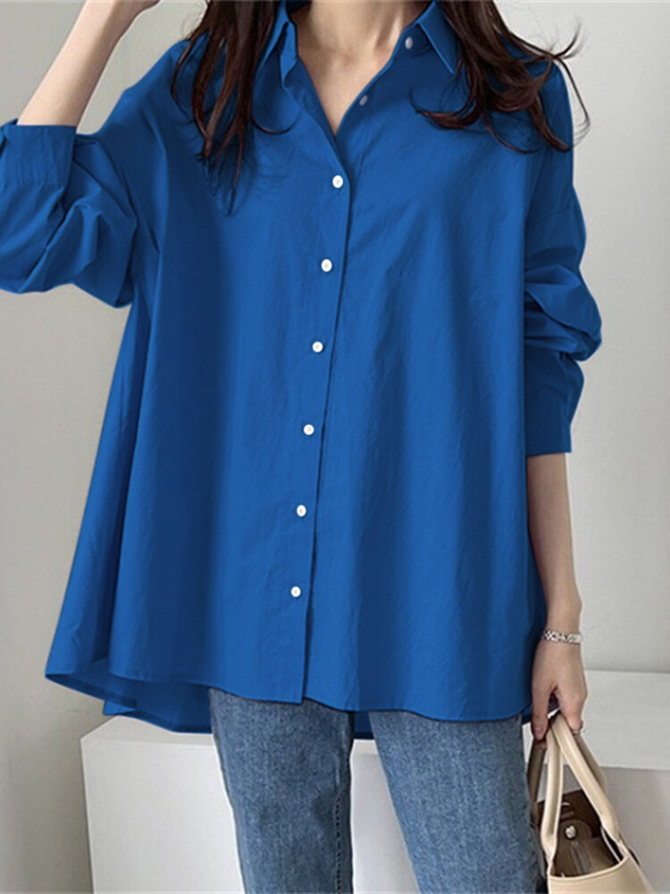 Solid Long Sleeve Loose Button Front Lapel Shirt