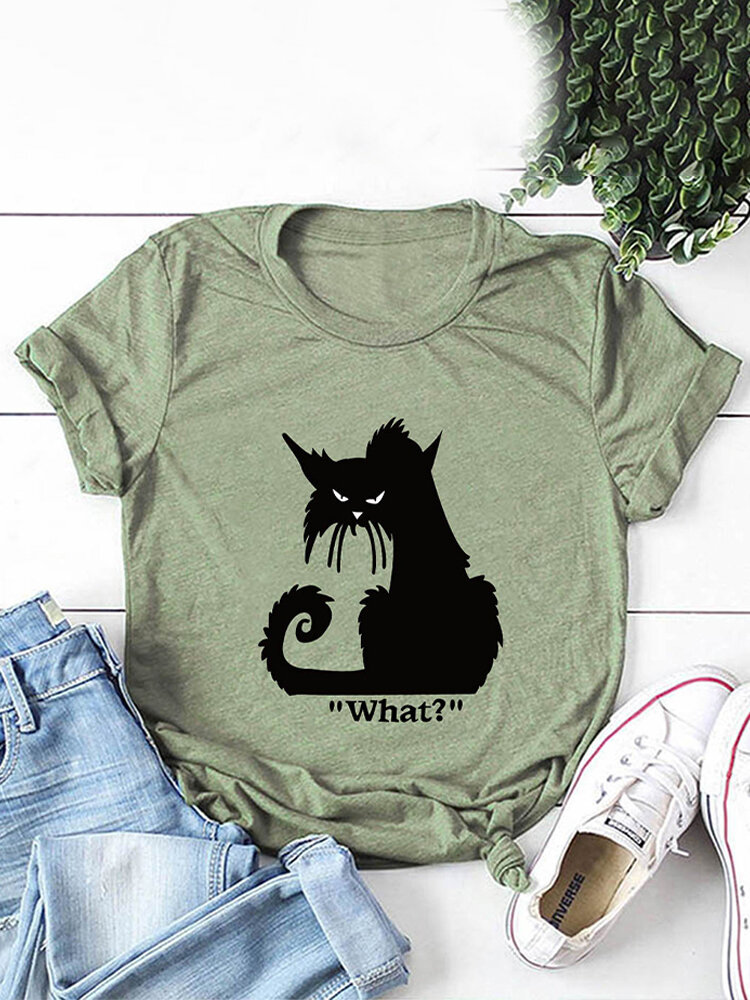 Cartoon Katze Bedrucktes Kurzarm-T-Shirt mit Rundhalsausschnitt für Damen