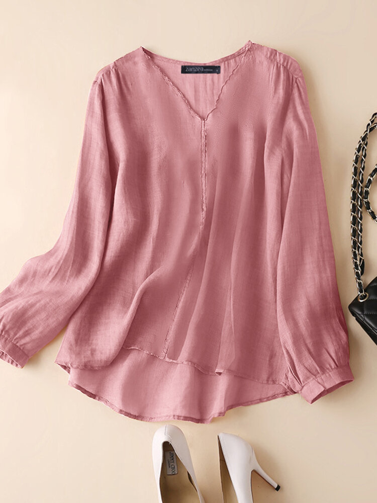 

Women Plain V-Neck Cotton Casual Long Sleeve Blouse, Pink;dark blue;khaki;orange
