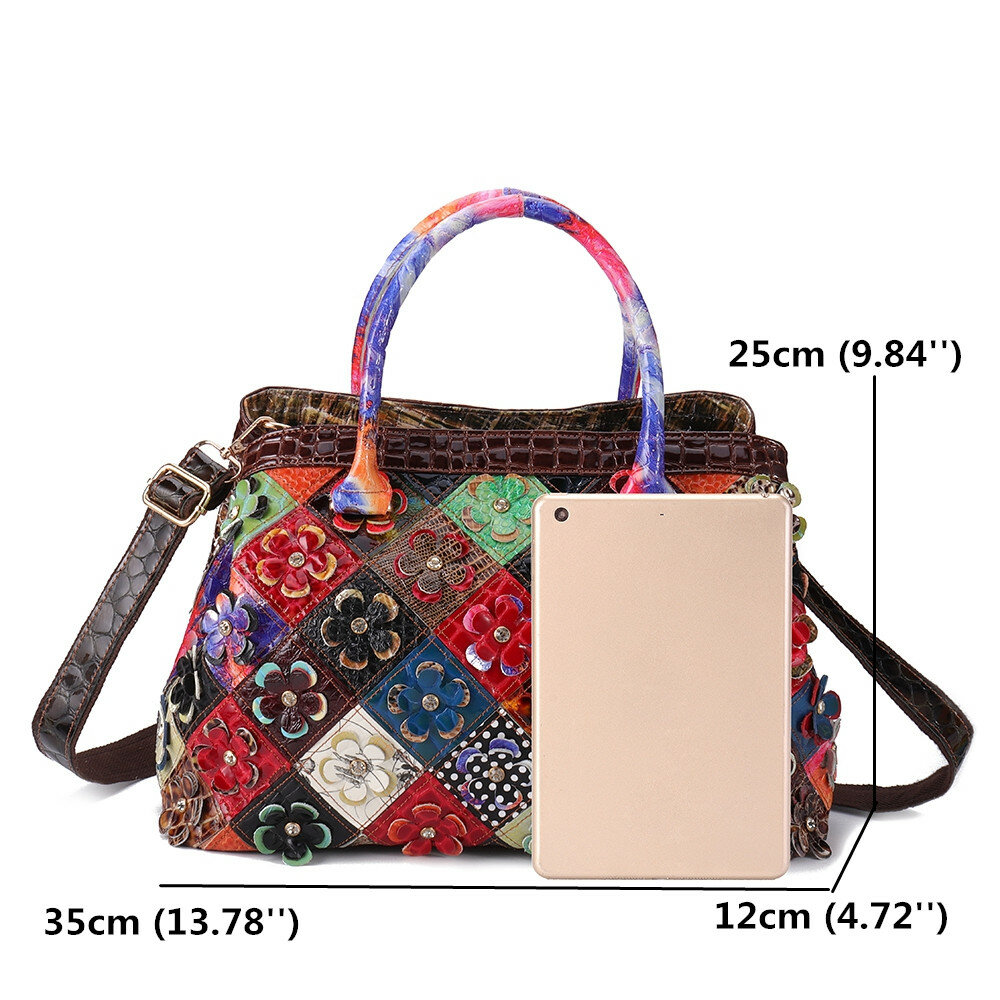 Women Bohemian Genuine Leather Floral Handbags Large Capacity Vintage Crossbody Bags