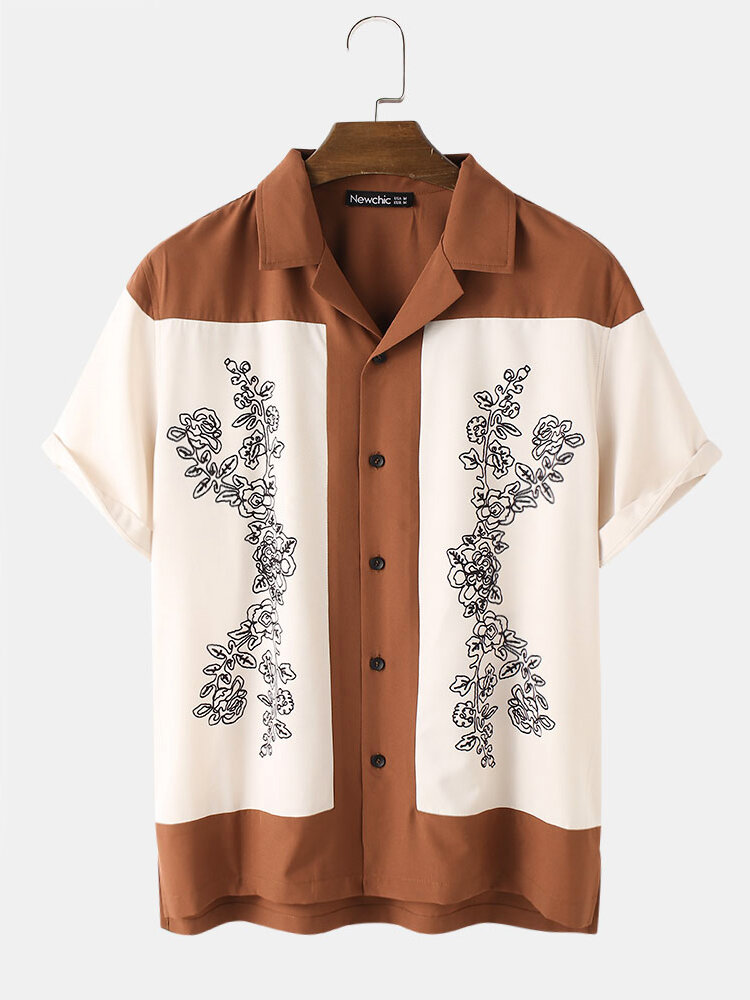 

Mens Revere Collar Abstract Flower Patchwork Print Short Sleeve Shirt, Black