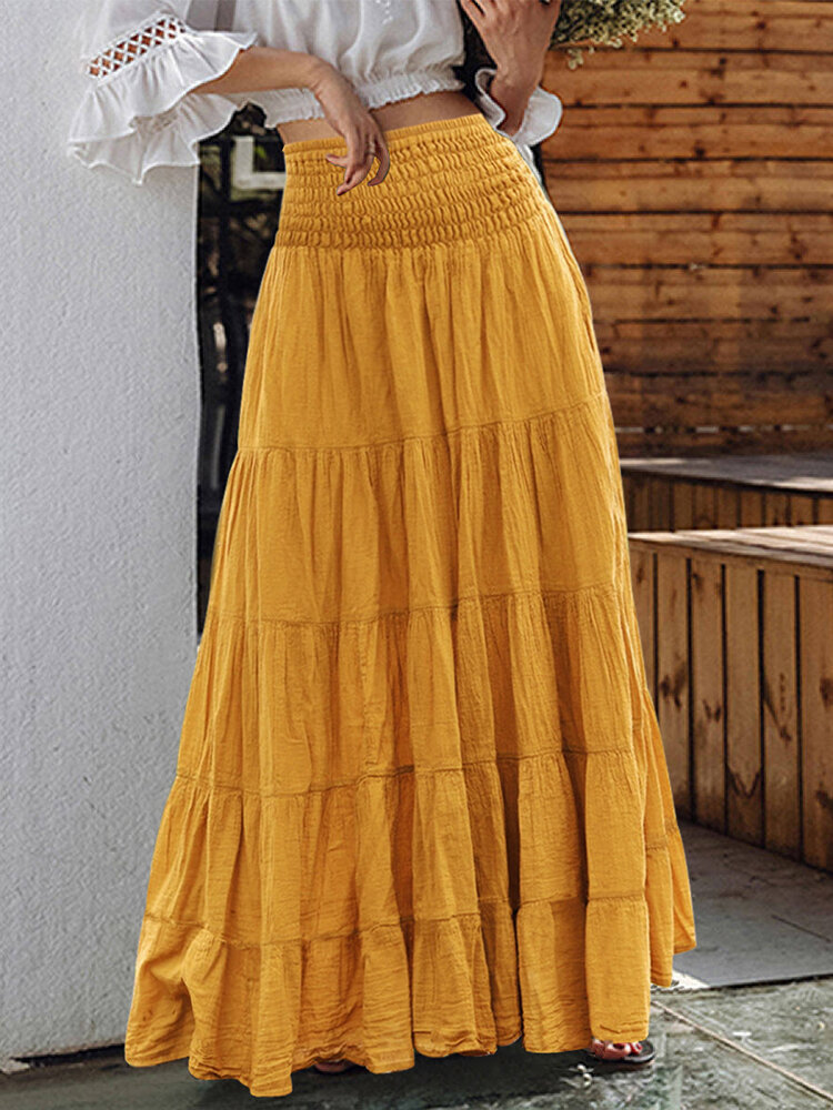 Women Solid Tiered Design Shirred High Waist Skirt