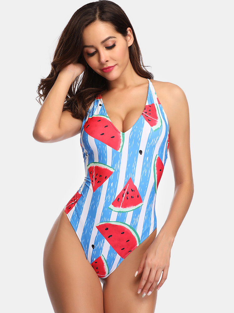 Women Watermelon Print Striped V-Neck Backless Shaped Cool Summer One Piece