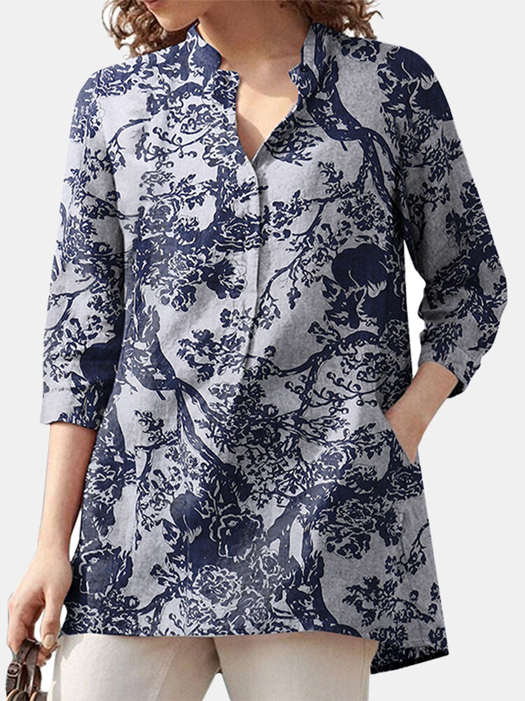 Casual Floral Pattern Lapel Collar Button Pocket Loose Blouse