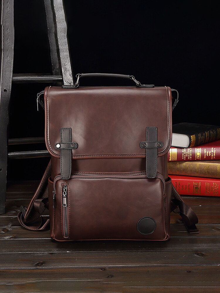 Menico Men Artificial Leather Vintage Large Capacity Backpack Retro 14 Inch Laptop Bag