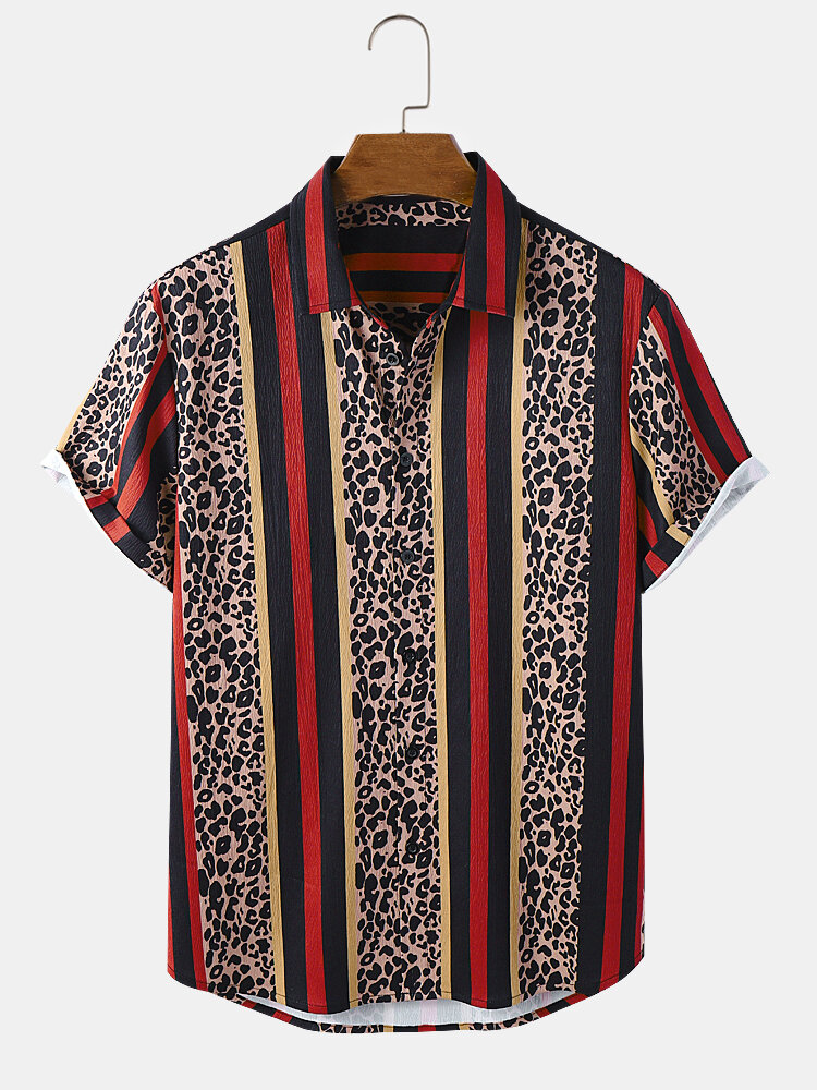Chemises à manches courtes de vacances à revers en patchwork léopard et rayé pour hommes
