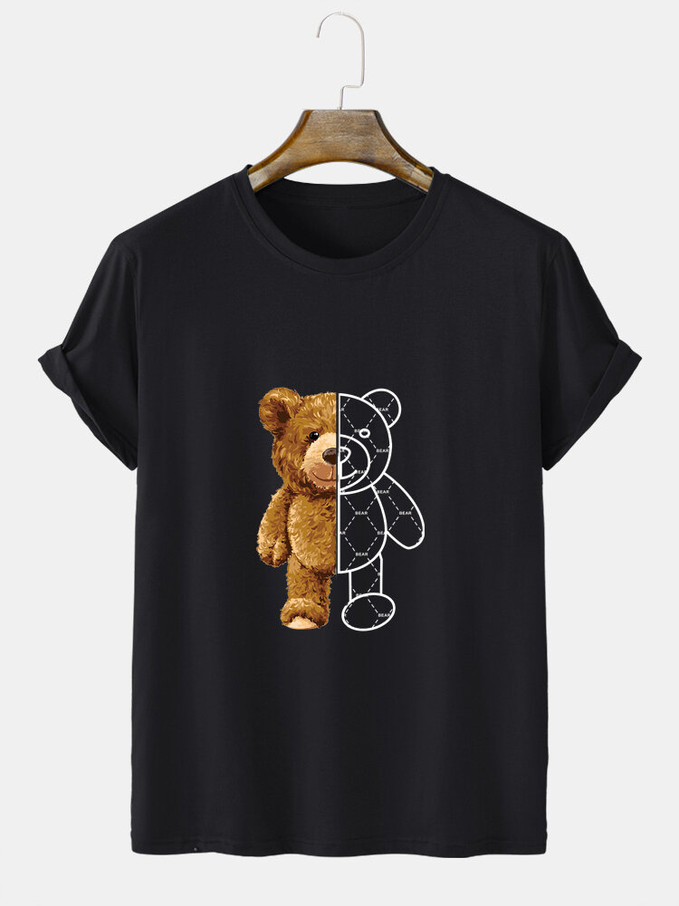 Mens Cartoon Bear Print Crew Neck Cotton Street Short Sleeve T-Shirts