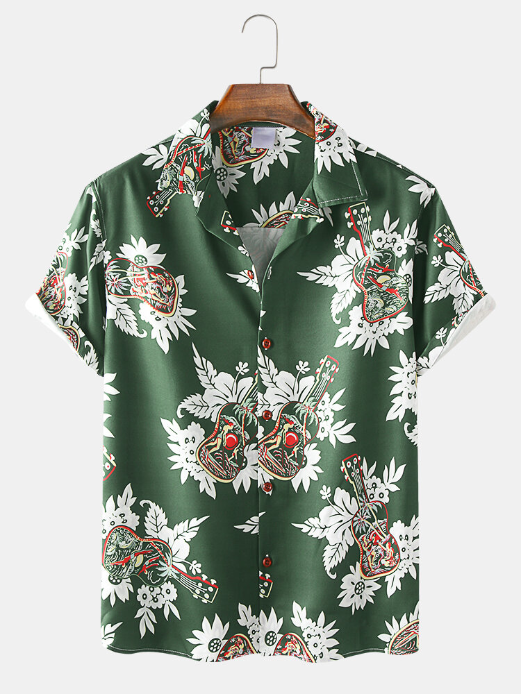 Mens Vintage Floral Violin Pattern Short Sleeve Shirts