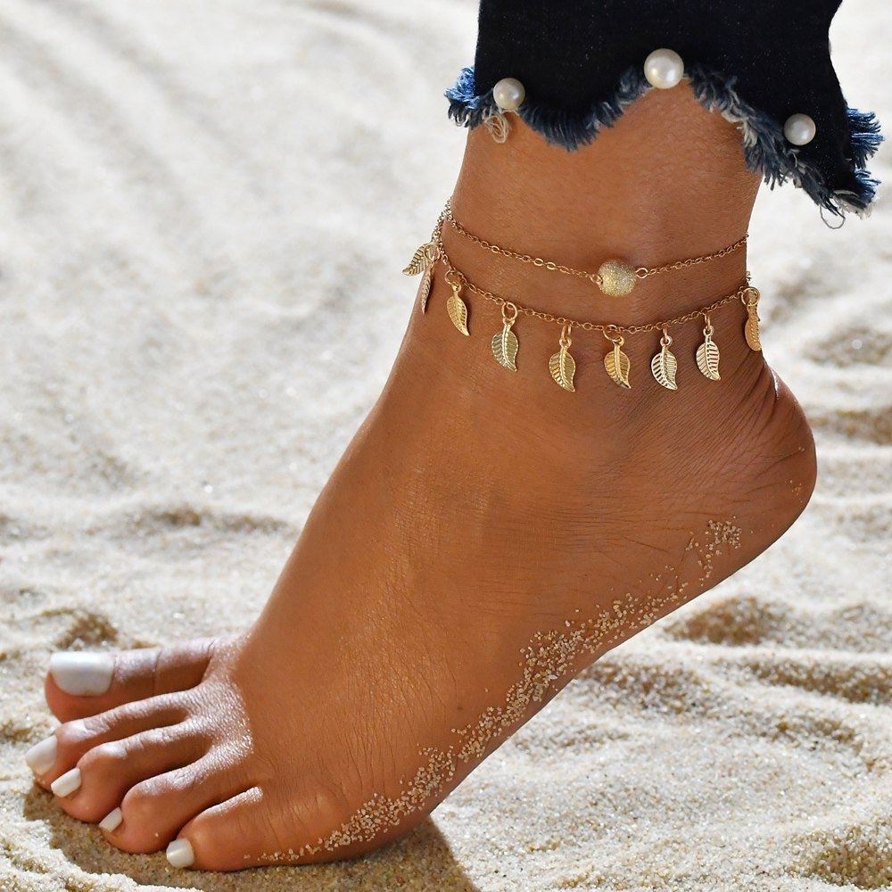 

Vintage Tassels Leaves Anklets Alloy Round Bead Anklets Double Layer Women Anklets, Gold;silver