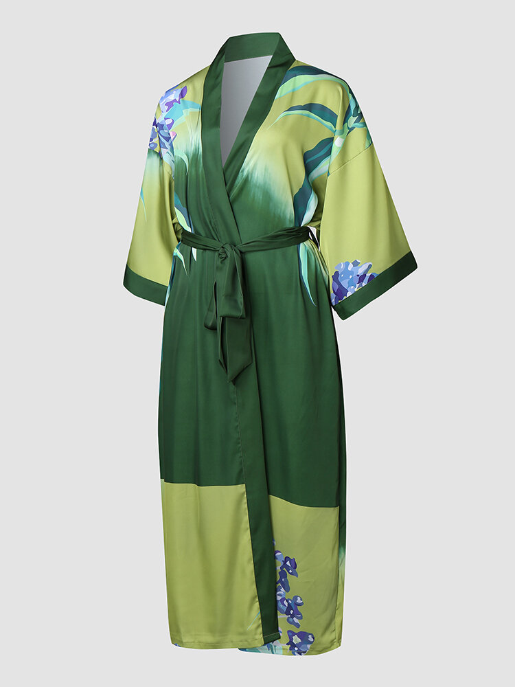 Women Satin Colorblock Floral Print Lace Up Home Robes