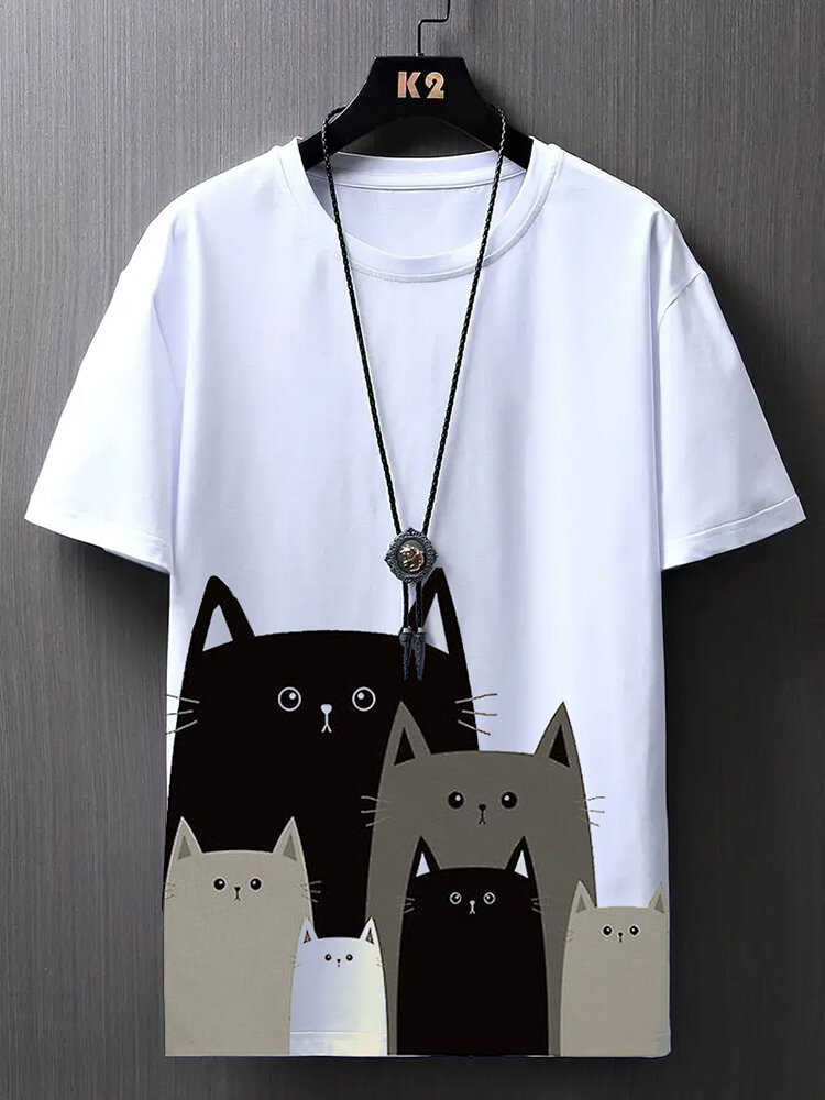 Mens Cartoon Cat Graphic Crew Neck Camisetas casuais de manga curta inverno