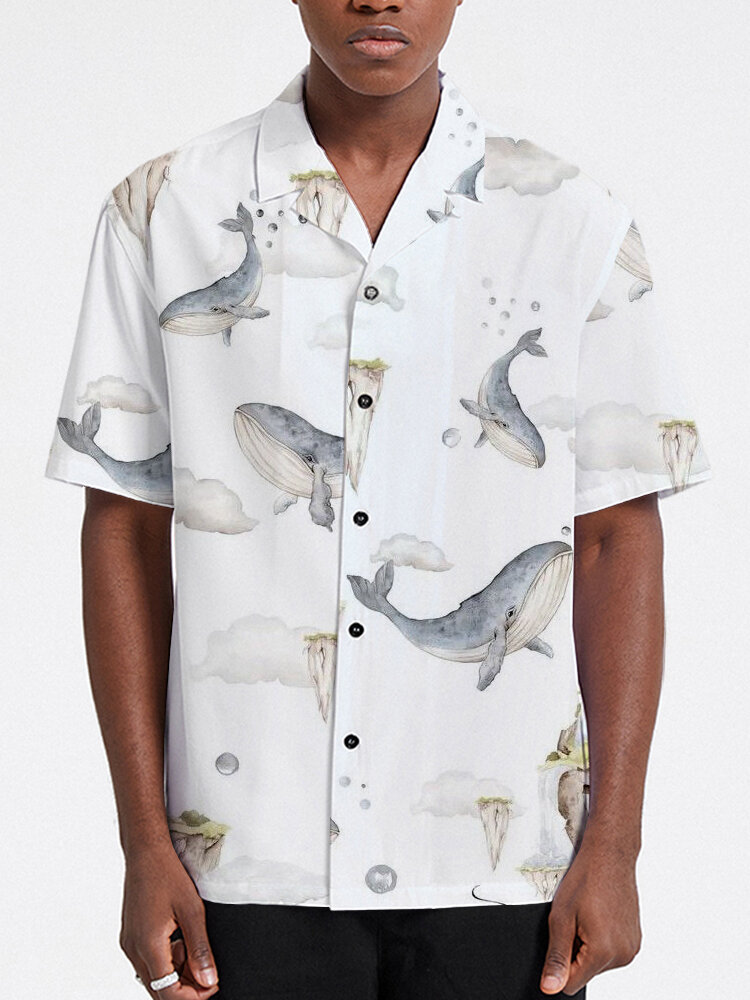 Mens Whale Print Revere Collar Button Up Short Sleeve Shirts