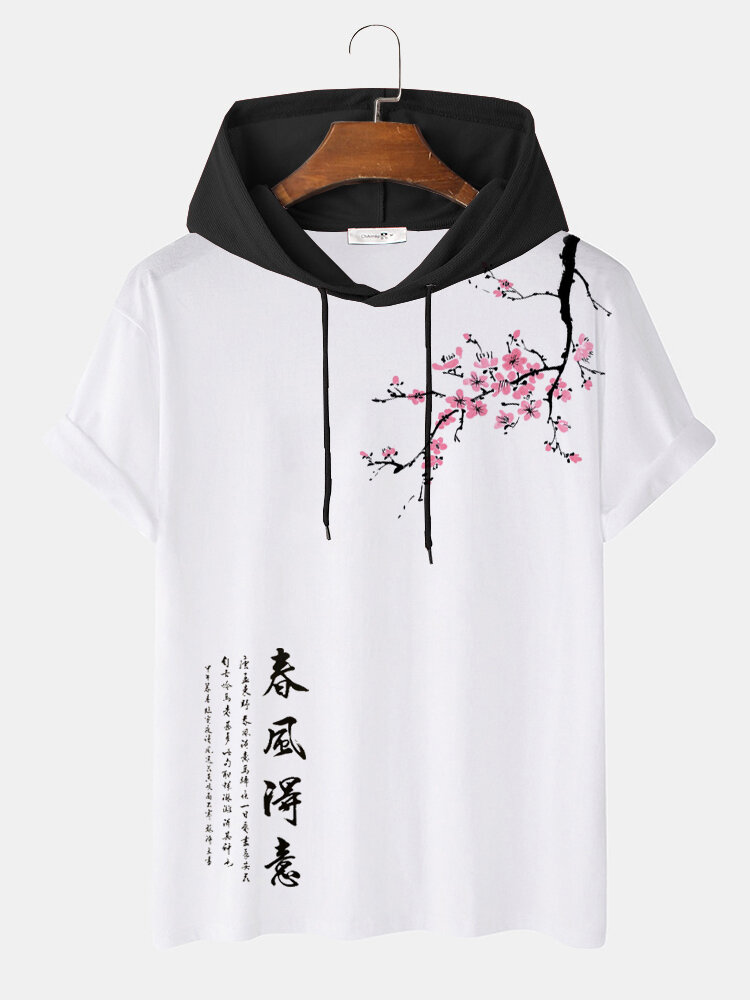 Mens Chinese Poems Plum Bossom Print Short Sleeve Hooded T-Shirts